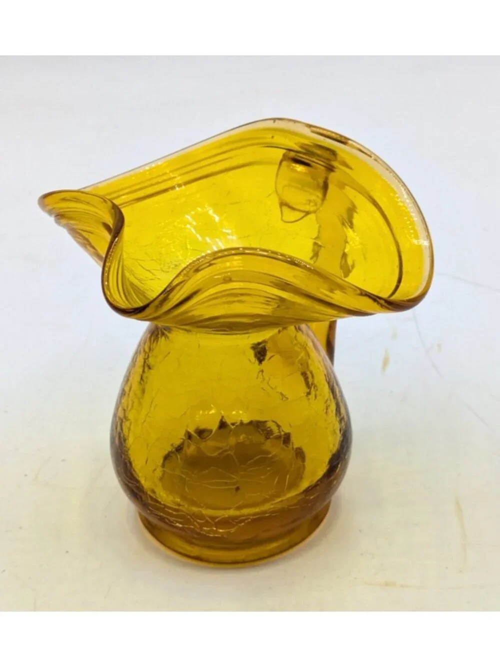 Vintage Hand Blown Crackle Glass Yellow Amber Mini Pitcher Creamer 3